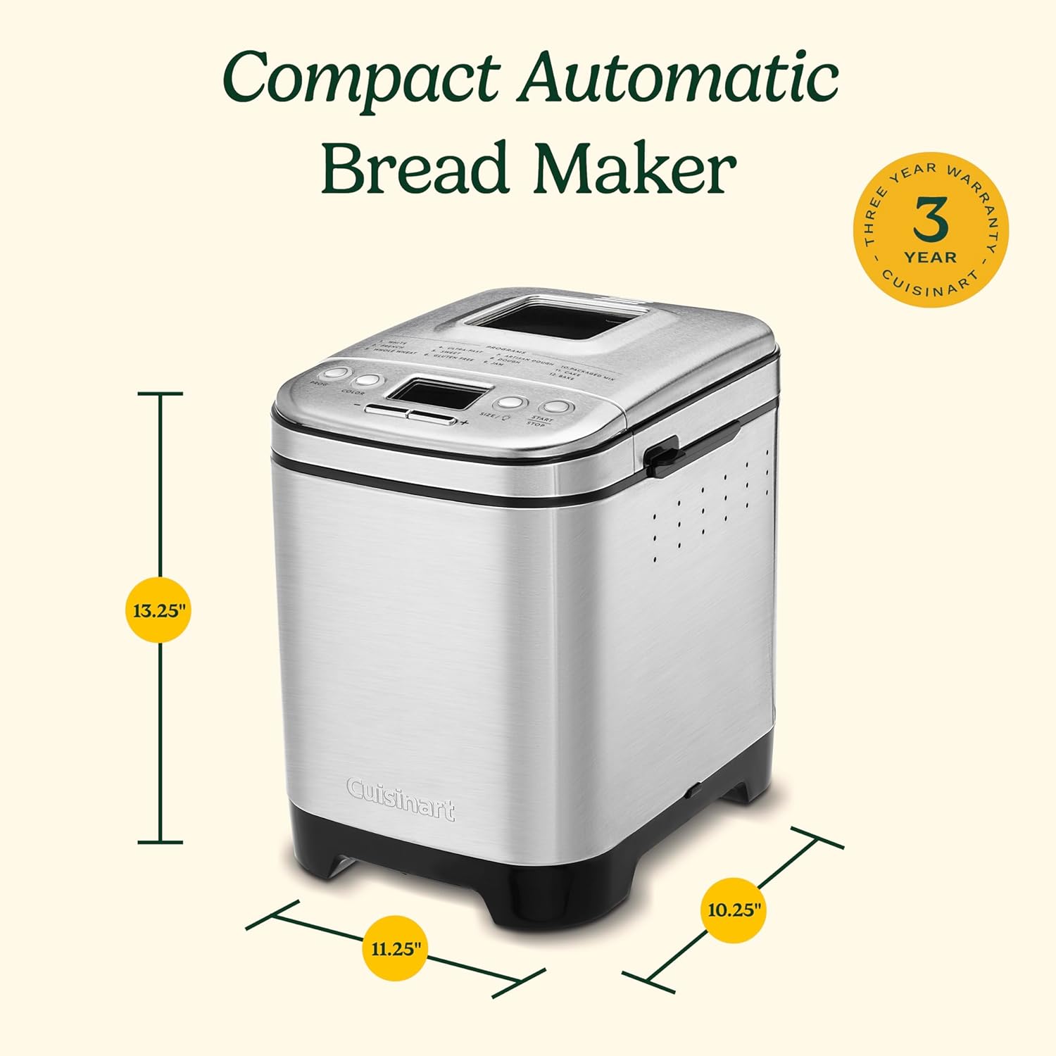 Bread Maker Machine, Stainless Steel, 12 Programs, Up to 2 lbs | CBK-110NAS, compact automatic bread maker with 12 menu options, 3 crust colors & sizes, LCD display & 13-hr delay-start timer