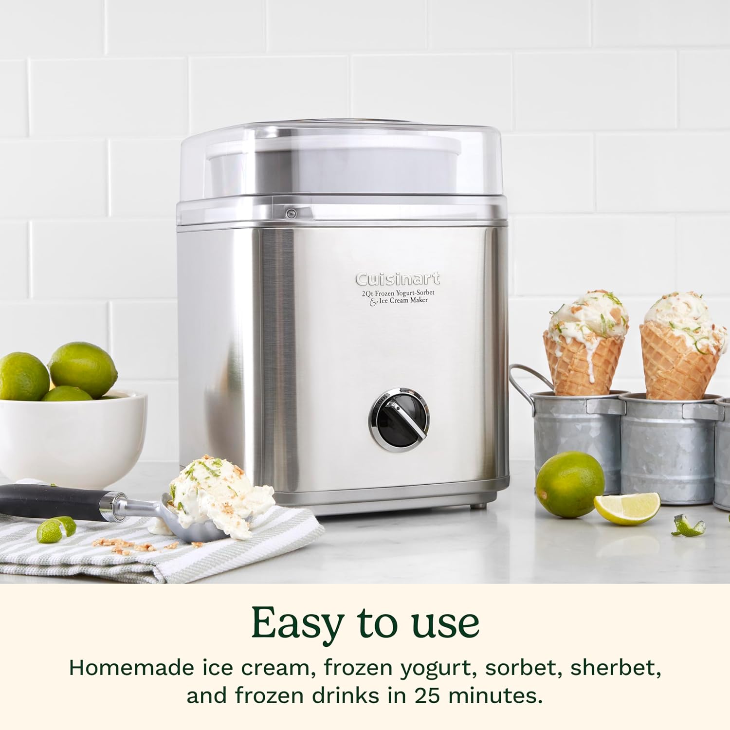 Ice Cream Maker Machine, Fully Automatic, Stainless Steel, 2 qt | ICE30BCP1, ice cream machine & frozen yogurt machine with mix-in spout, 2x insulated bowl, & recipe book for custom treats