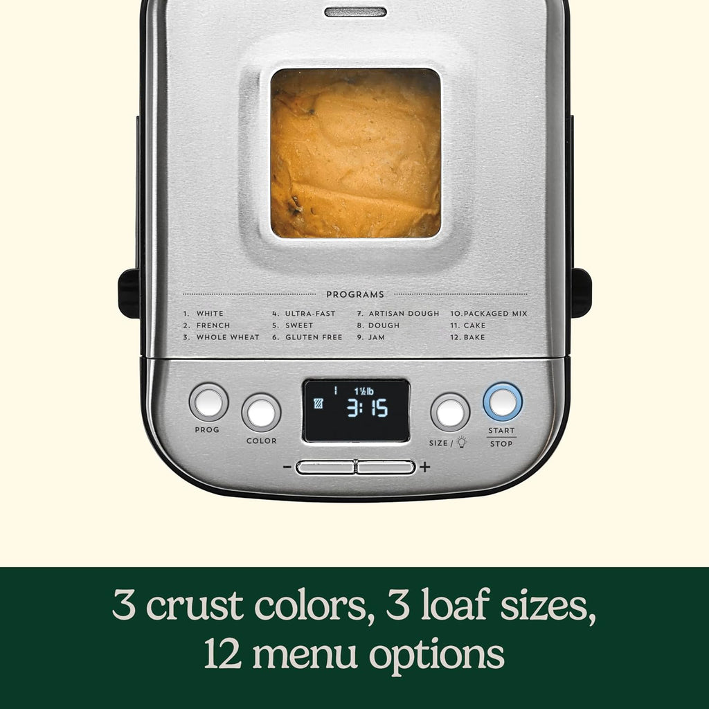 Bread Maker Machine, Stainless Steel, 12 Programs, Up to 2 lbs | CBK-110NAS, compact automatic bread maker with 12 menu options, 3 crust colors & sizes, LCD display & 13-hr delay-start timer
