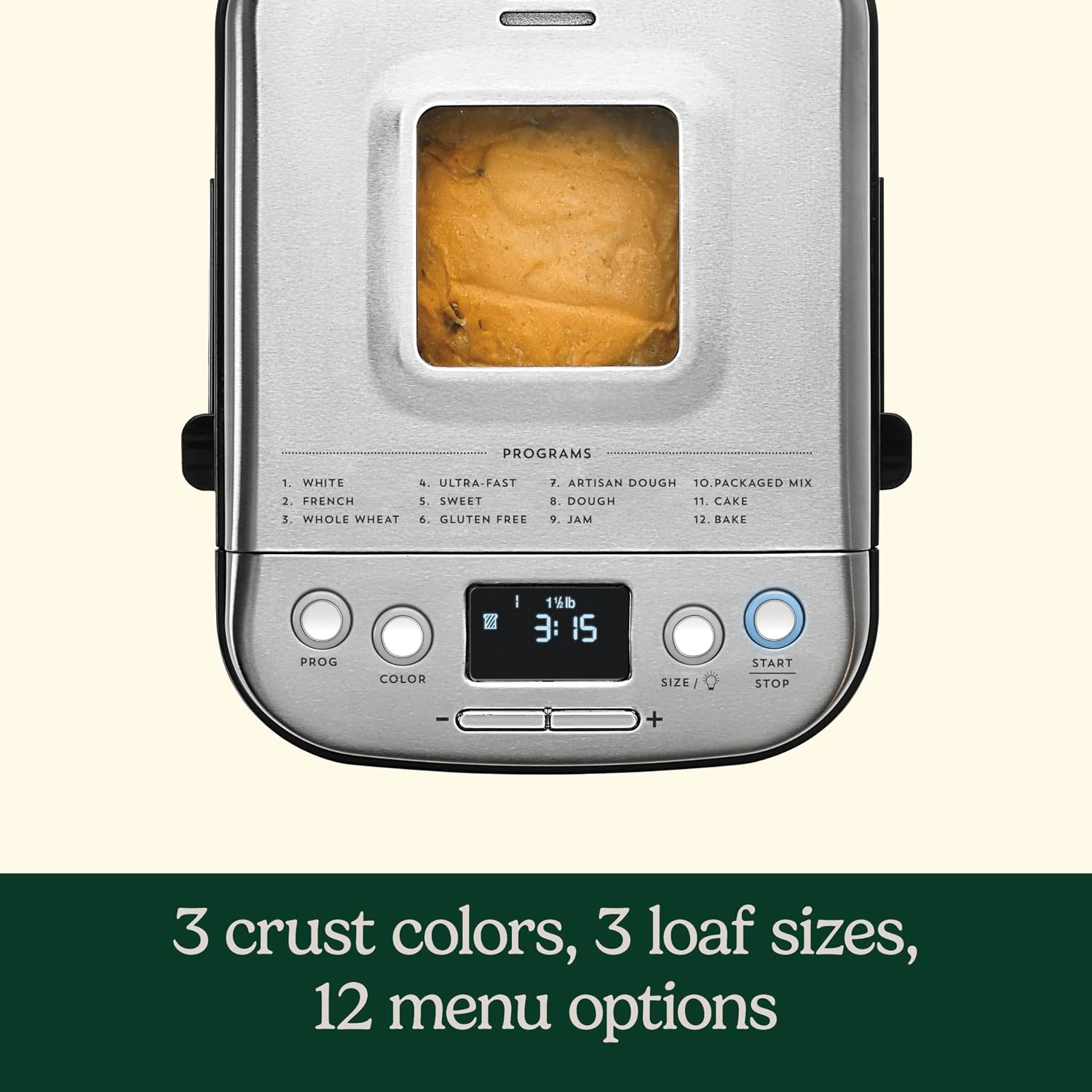 Bread Maker Machine, Stainless Steel, 12 Programs, Up to 2 lbs | CBK-110NAS, compact automatic bread maker with 12 menu options, 3 crust colors & sizes, LCD display & 13-hr delay-start timer