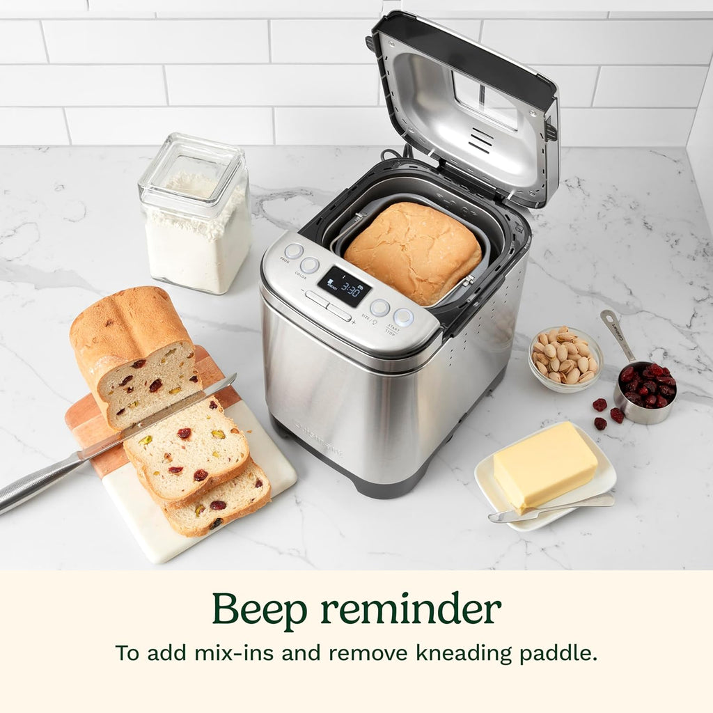 Bread Maker Machine, Stainless Steel, 12 Programs, Up to 2 lbs | CBK-110NAS, compact automatic bread maker with 12 menu options, 3 crust colors & sizes, LCD display & 13-hr delay-start timer
