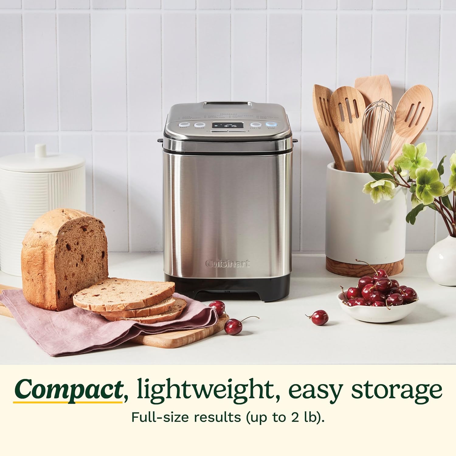 Bread Maker Machine, Stainless Steel, 12 Programs, Up to 2 lbs | CBK-110NAS, compact automatic bread maker with 12 menu options, 3 crust colors & sizes, LCD display & 13-hr delay-start timer
