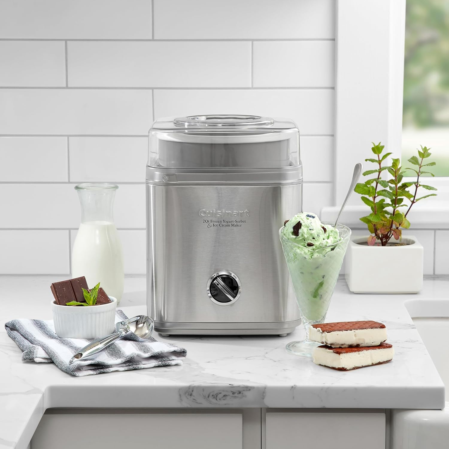 Ice Cream Maker Machine, Fully Automatic, Stainless Steel, 2 qt | ICE30BCP1, ice cream machine & frozen yogurt machine with mix-in spout, 2x insulated bowl, & recipe book for custom treats